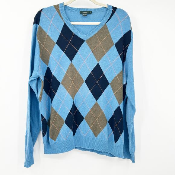 J.Crew Mens Vintage Preppy Argyle Cashmere Blend V-Neck Knit Pullover Sweater XL - Picture 1 of 5